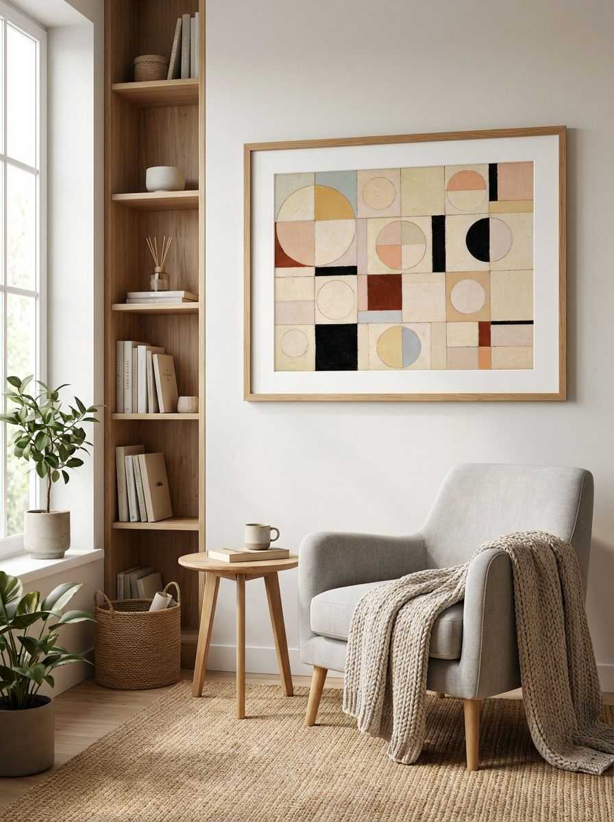 Vanilla Harvest 3 - Pastel Geometric Abstract Art Print displayed as a medium natural timber framed print with white mat board in a scandinavian reading nook interior setting